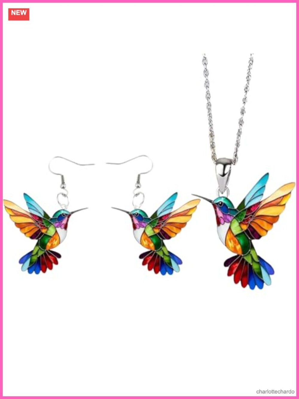 Acrylic Hummingbird Necklace Earring Set Dangle Jewelry Gift